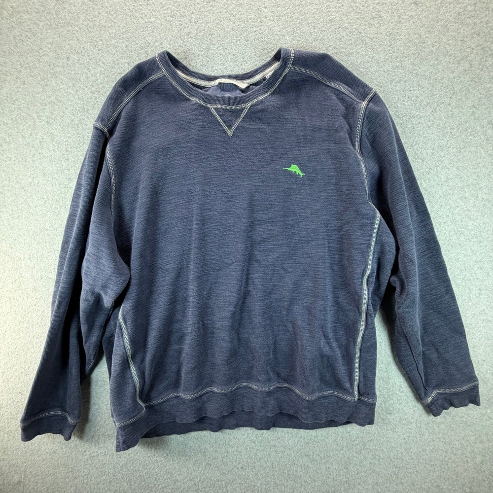 Tommy Bahama Mens XXL Blue Slub Knit Crew Neck Sweatshirt Embroidered Marlin